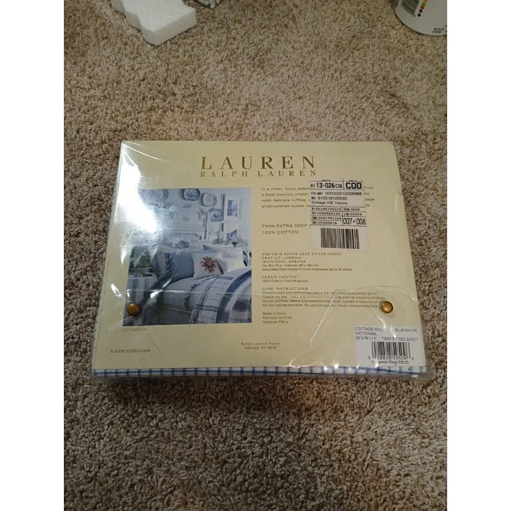 Lauren Ralph Lauren Cottage Hill Tattersal Twin Deep Fitted Sheet Blue RARE !!